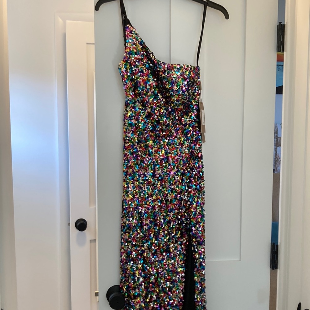Black/multi color sequinned Prom gown.           Amelia Couture. Size 2